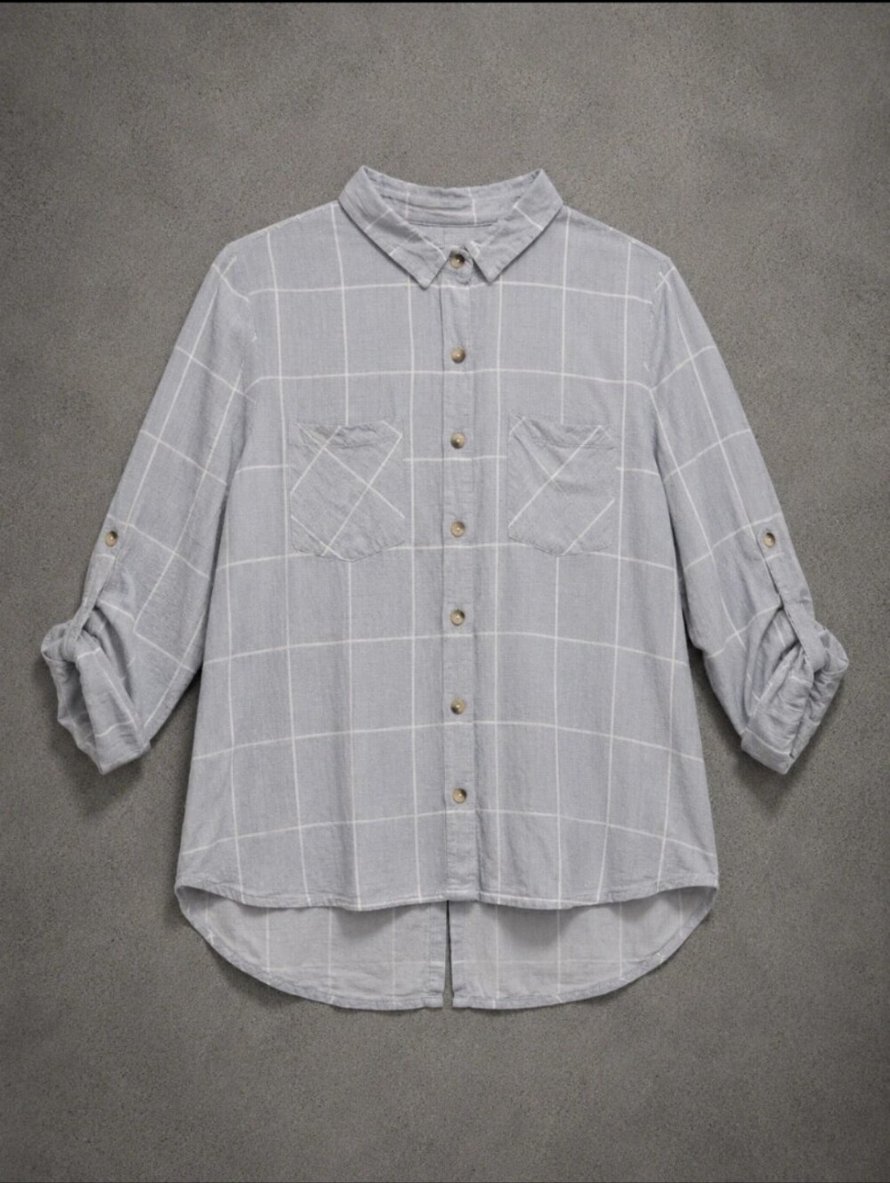 Sim & Sam Womens Large Windowpane Button Front Blouse Gray White Roll Tab Shirt